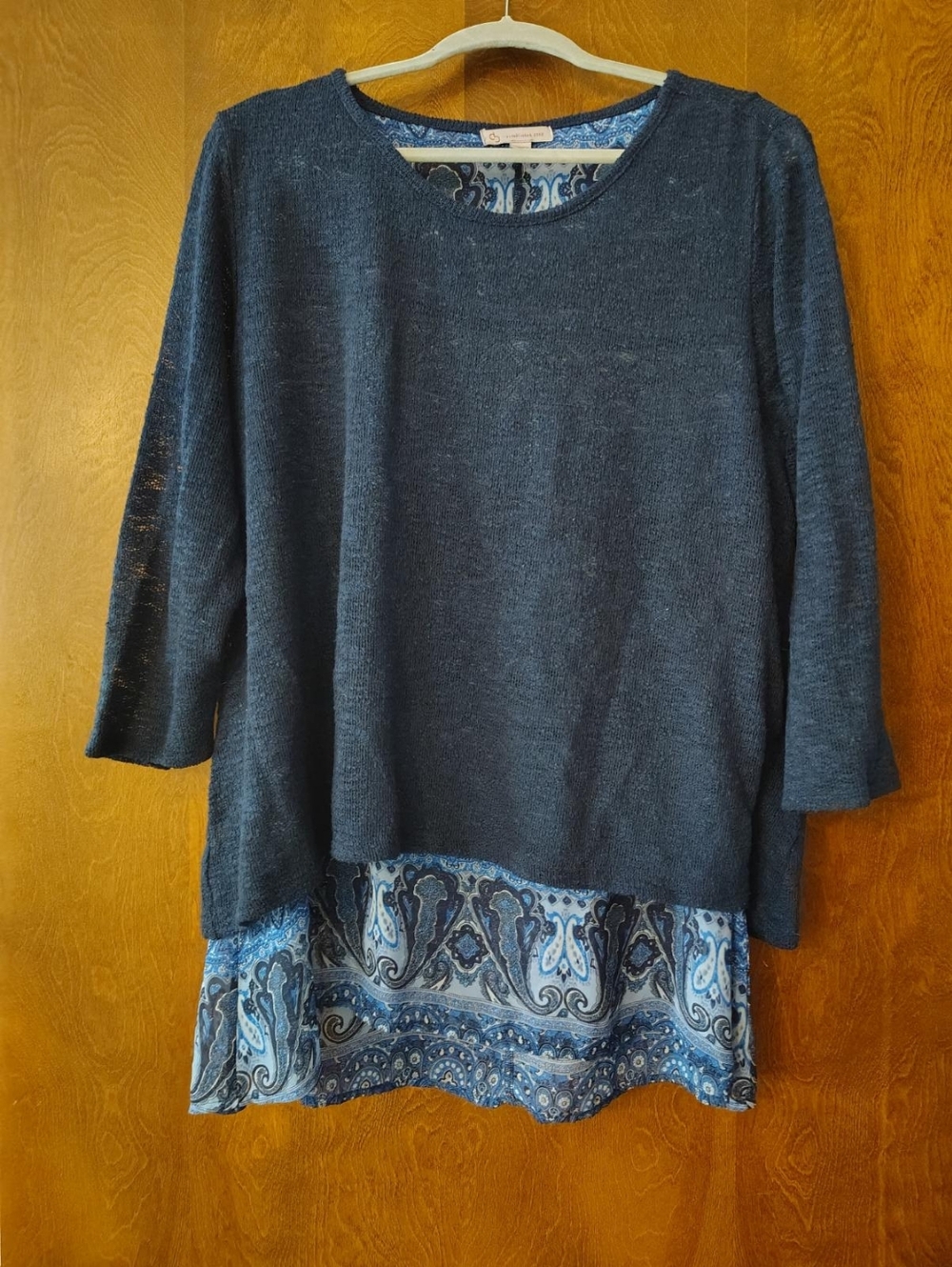 Dress Barn Navy Layered Knit Tunic with Paisley Hem